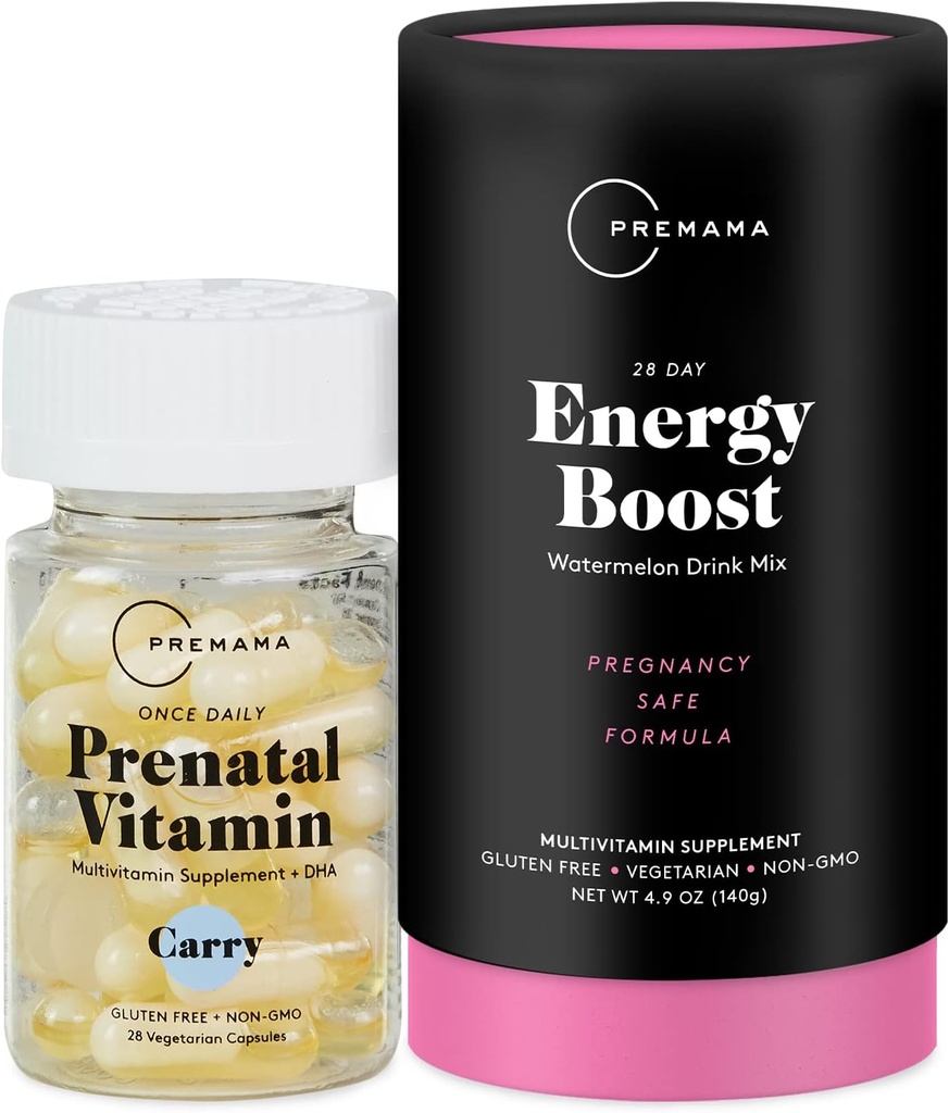Premama Prenatale Vitamine Energie Boost Drink Mix & Prenatale Ondersteuning Bundle, Omega 3, B Vitaminen, DHA, Folaat, 28 porties