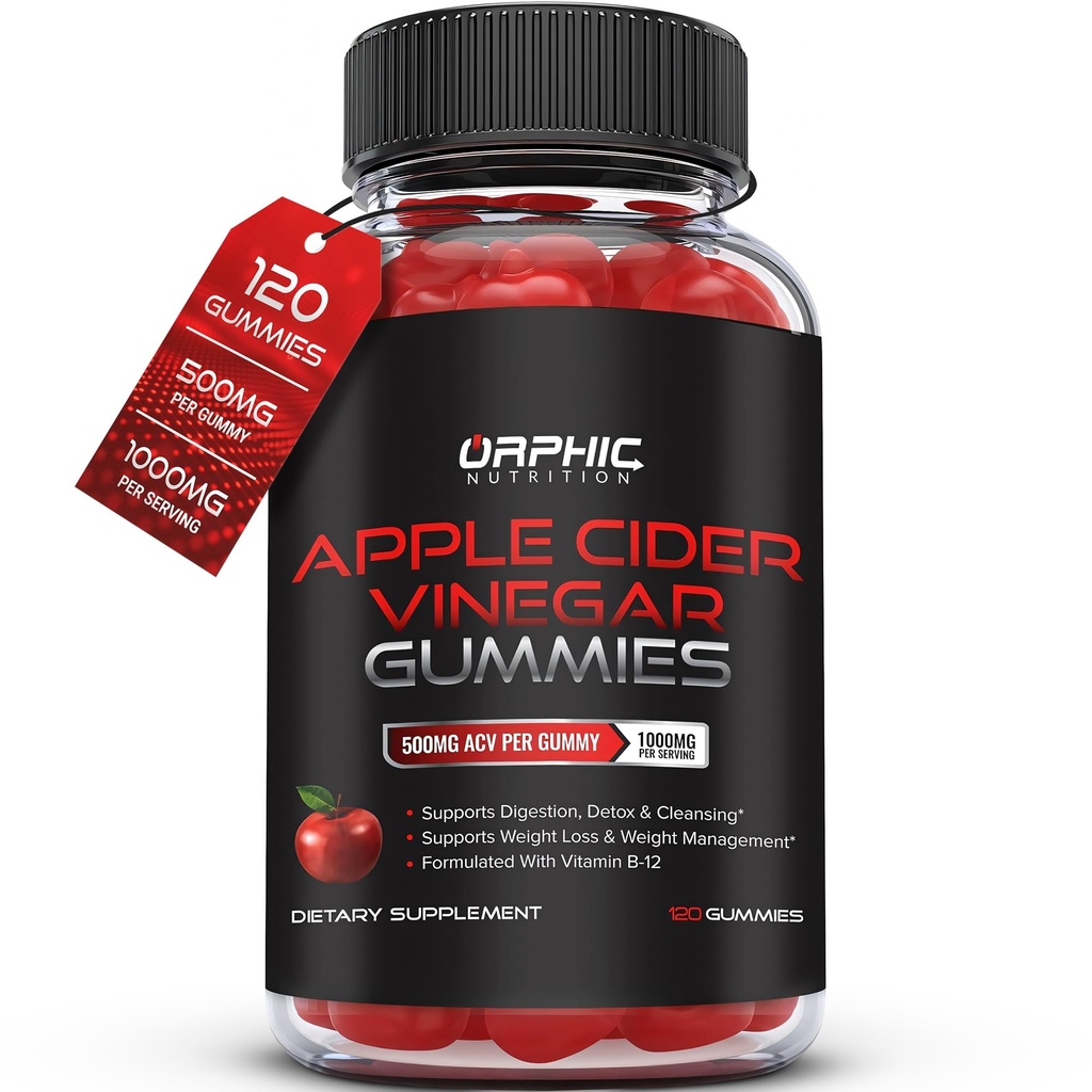 NUTRITION ORPHIQUE Gummes de vinaigre de cidre de pomme - 1000mg - Gummes de perte de poids ACV - Supports Digestion, Detox & Nettoyage - VIT B12, Beetroot - Gomitas de Vinagre de Manzana (120 pcs)