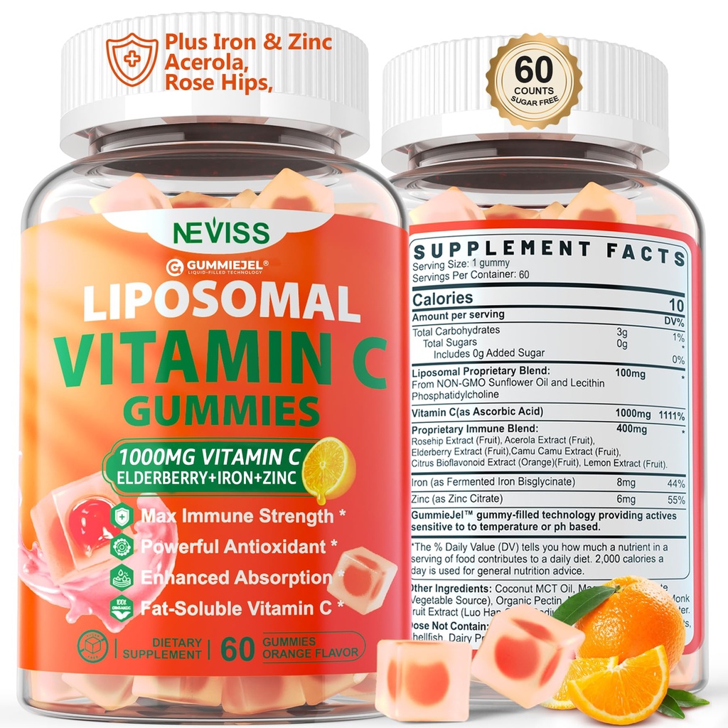 Liposomale vitamine C 1000mg Gummies voor volwassenen - Vitamine C Kauwbaar met vlierbessen, zink & 8mg ijzer, suikervrije Vit C-supplementen, dagelijkse Immune-ondersteuning Gummies voor energie, Collageen Booster 60 Tellingen