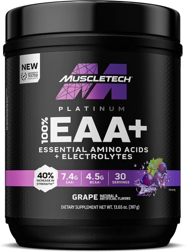 MuscleTech Platinum Essential Amino Acids Supplement with Electrolytes, Grape - Pre-workout Powder for Energy, Muscle Growth & Strength Builder - EAA Complex for Men & Women - 30 Servings