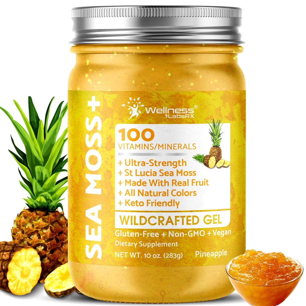 WELLESS LABSRX Irish Sea Moss Gel Raw - Wildcrafted Superfood Seamoss Gel - Ananas Smaak, Vitamine en Mineraal-Rijk van Pristine Caribbean Waters, Immune en Digestieve Gezondheid Ondersteuning - 10 oz.