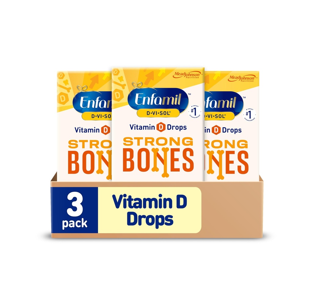 Enfamil Baby Vitamine D-Vi-Sol Vitamine D Liquid Supplement Drops voor zuigelingen, ondersteuning van sterke tanden & botten in pasgeboren baby's, gemakkelijk te gebruiken, Gluten-Free, 50 ml druppelfles, Verpakking van 3