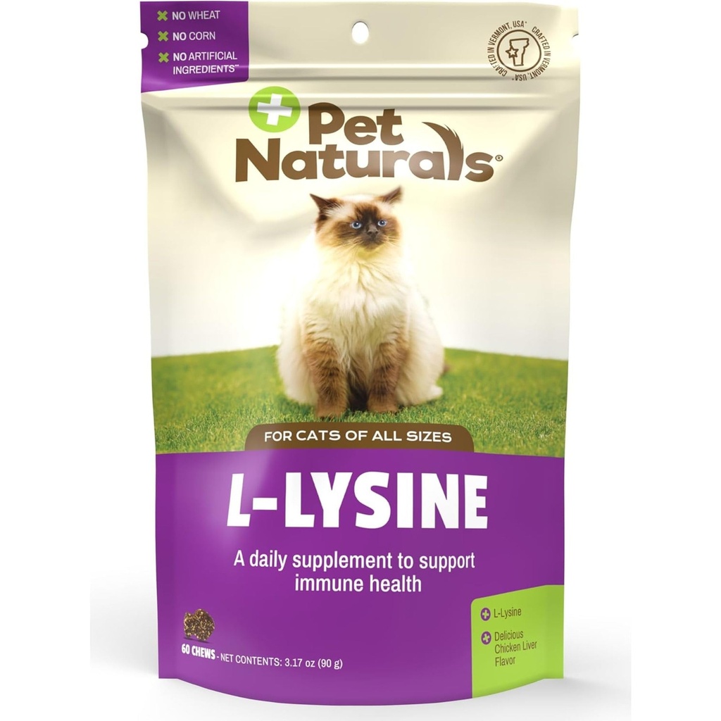 Pet Naturals Lysine voor katten, Kip smaak, 60 Kauwen - Immuun en ademhalingsondersteuning voor katten - Geen tarwe of maïs - Vet Aanbevolen