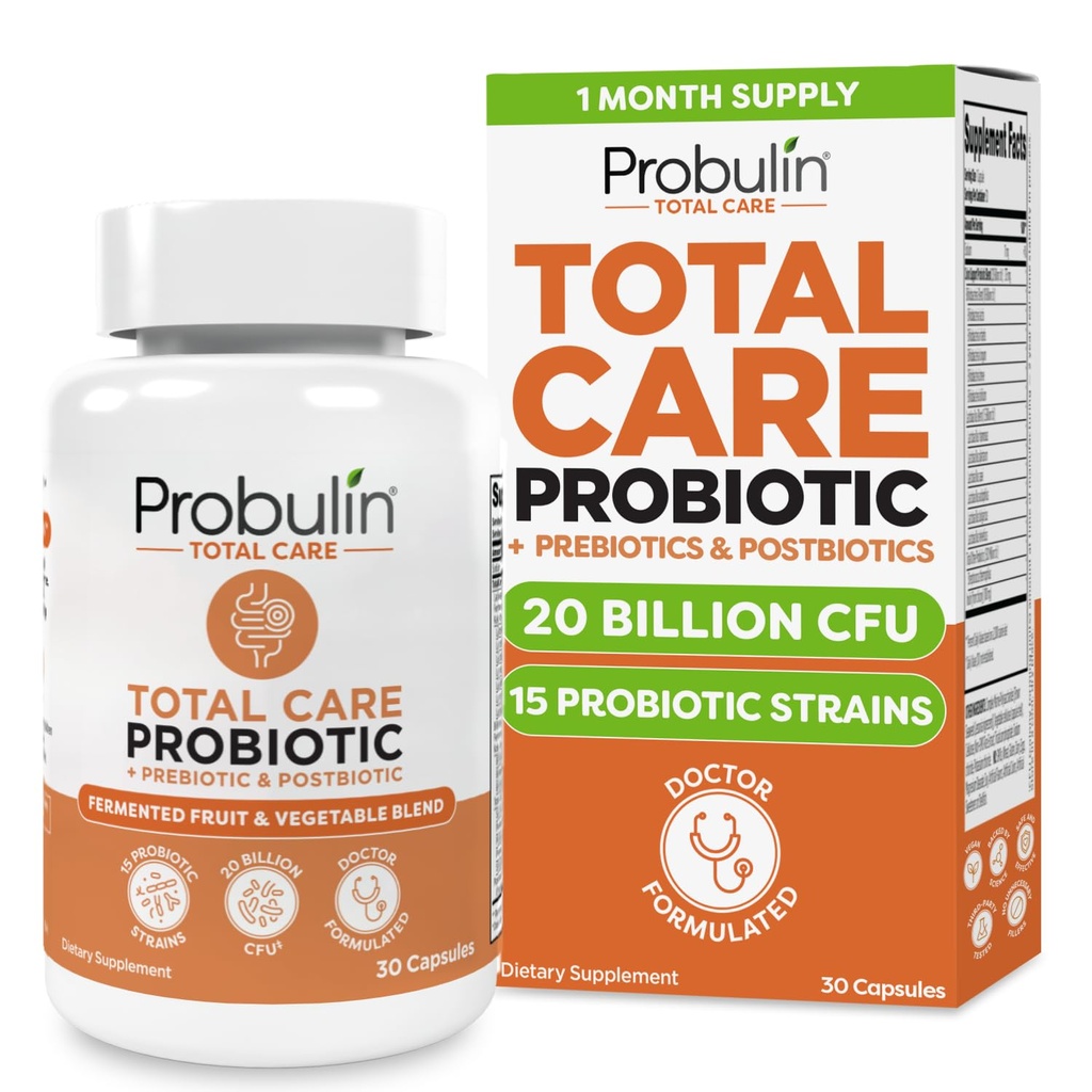 Probulin Total Care Probiotic Supplement, Daily Gut, Digestief, en Immune Health Probiotica Capsules voor mannen en vrouwen, 20 miljard CFU, Vegan, 30 Telfles