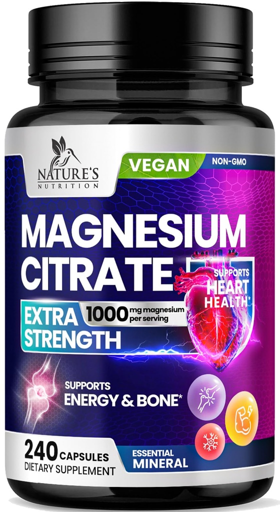 Supplément de Citrate de magnésium 1000mg - Suppléments de magnésium de force 3X pour os, muscles, coeur, soutien du sommeil de la nature pour les hommes et les femmes, Vegan Mag Mineral, non-OGM, mis en bouteille aux États-Unis, 240 Capsules