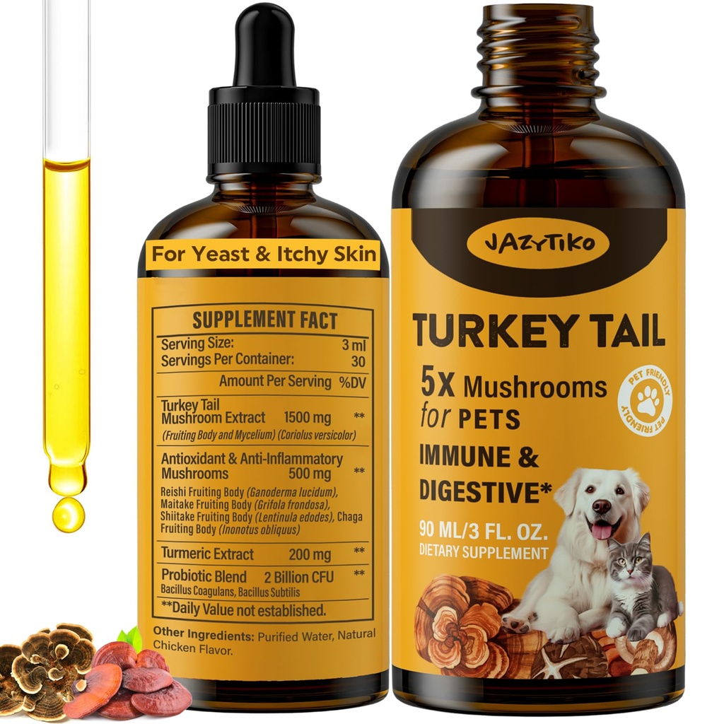 Tuile de dinde Champignon pour chiens - Absorption plus rapide 2000mg Tuile de dinde Champignon pour immune et digestif, joint, énergie, 5X Champignons pour animaux de compagnie goutte avec curcuma et probiotique - Vet Formulé, 90 ML/3FL.oz