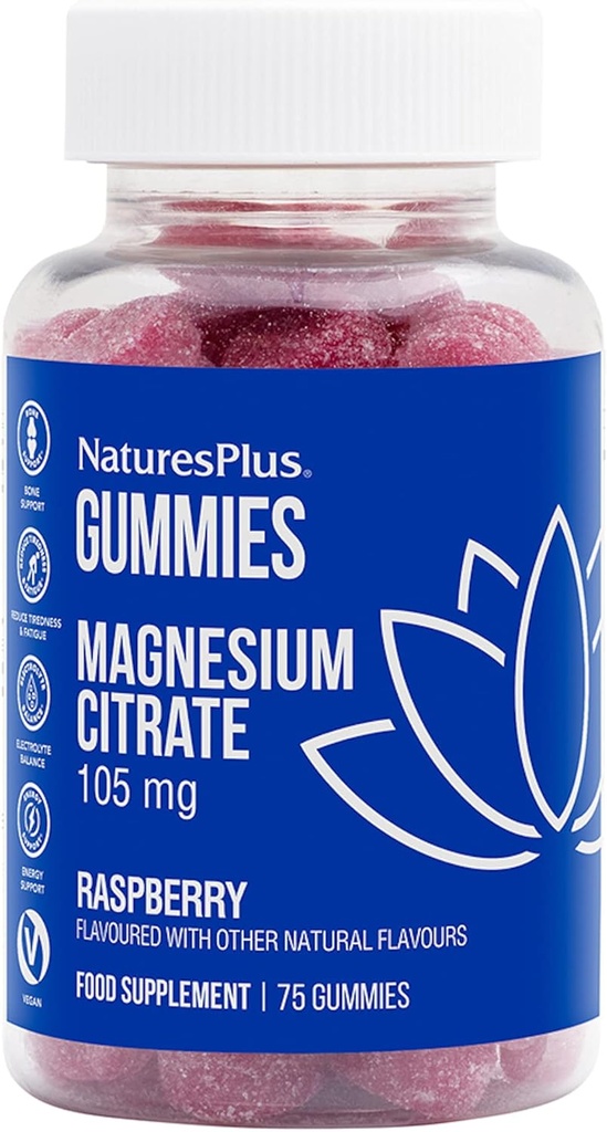 NaturesPlus Gummies Magnesium Citrate - 75 Gummies, Raspberry - helpt de geest en het lichaam te kalmeren, ondersteunt botdichtheid - vegetarisch, glutenvrij, niet-GMO - 25 porties