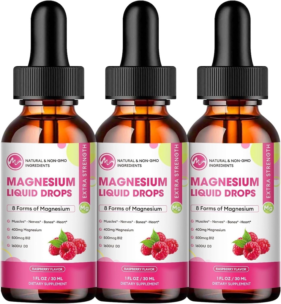 (3 Pack) Magnesium Liquid Drops - 8 in 1 Magnesium Complex Supplement met Magnesium Glycinate, Citrate, Malate, Taurate, voor Hersenen, Nacht, Spieren, Botten, Krampen, Raspberry Flavor