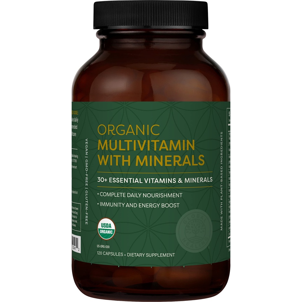 Global Healing Center - Multivitamines organiques de l'USDA pour les femmes et les hommes - Les vitamines incluent A, C, D, et plus pour vos besoins globaux en matière de santé et de bien-être - Nausée quotidienne multivitamine complète (120 capsules)