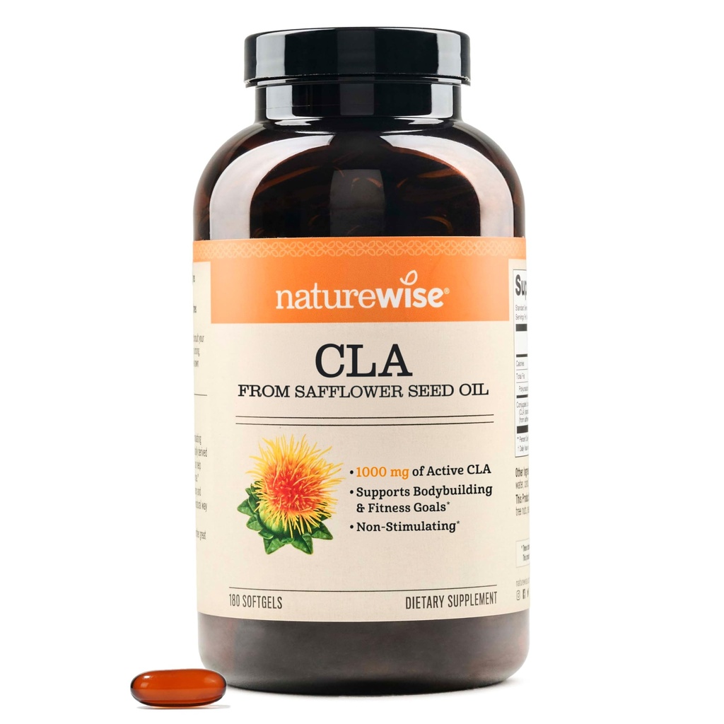 NatureWise CLA 1250 - Conjugated Linoleic Acid Supplement voor vrouwen en mannen, Niet stimulerend, Ondersteunt gezond gewicht, Fitness Goals - Non-GMO, Glutenvrij - 180 Softgels [51]Maandelige levering]
