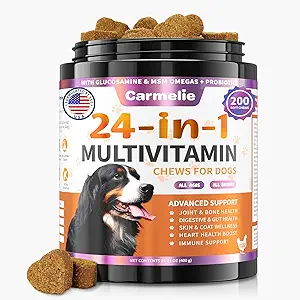 Hondenvitaminen, 24 in 1 Honden Vitaminen en Supplementen 200 Kauwen met Glucosamine Probiotica Omega-3 Honden Multivitaminen Kauwbaar voor Hip & Joint, Huid & Coat, Immune Health, Digestief (Kip)