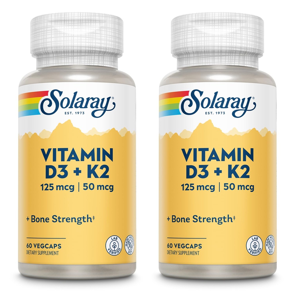 SOLARAY Vitamine D3 + K2, D & K Vitaminen voor Calcium Absorptie en Ondersteuning voor Gezond Cardiovasculair Systeem & Arteries, Non-GMO & No Soy