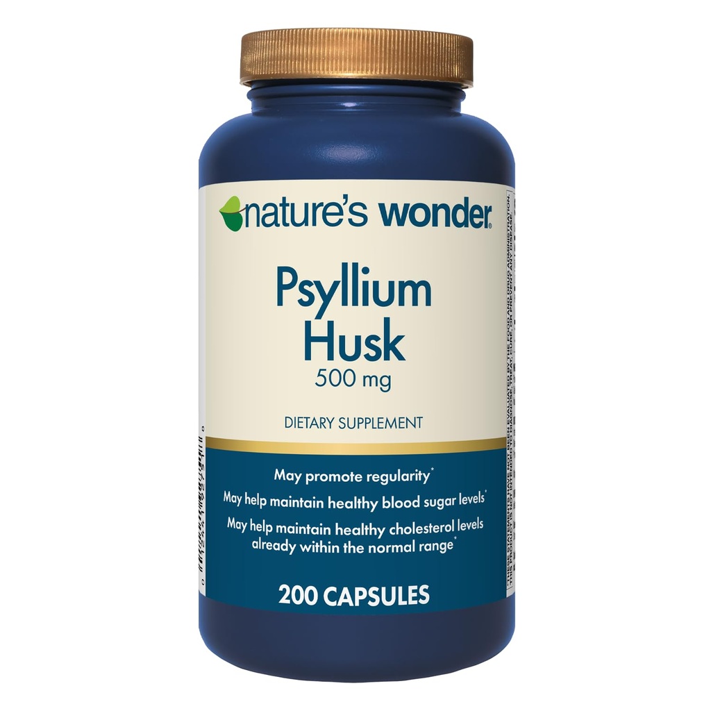 Nature's Wonder Psyllium Husk 500 mg Capsules for Digestive Health, Plant-Based Fiber, 200 Tellen