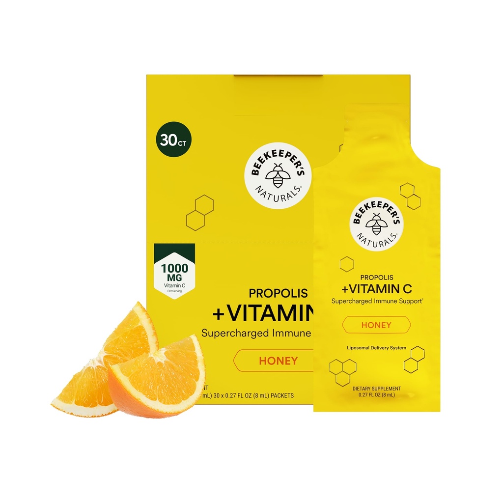 Propolis Liposomale Vitamine C by Beekeeper's Naturals, 1000mg Vitamine C, Propolis & Organic Honing, Supercharged Immune Support & Verhoogde Bioavailibity for Max Absorptie, 30 Ct