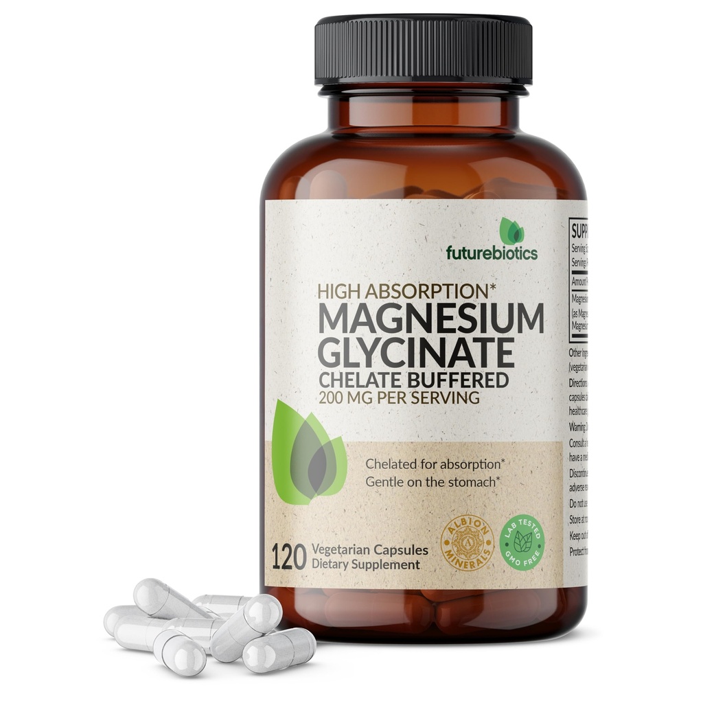 Futurebiotics Magnesium Glycinate 200 MG per portie gecheleerd voor hoge absorptie, zacht op maag, niet-GMO, 120 Vegetarische Capsules