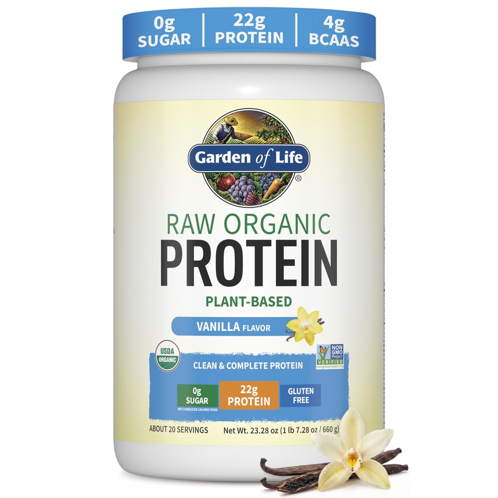 Jardin de la poudre de protéines vivantes, poudre de protéines végétales, BCAA, probiotiques et enzymes digestives, sans gluten et sans lactose, vanille, 1,5 LB