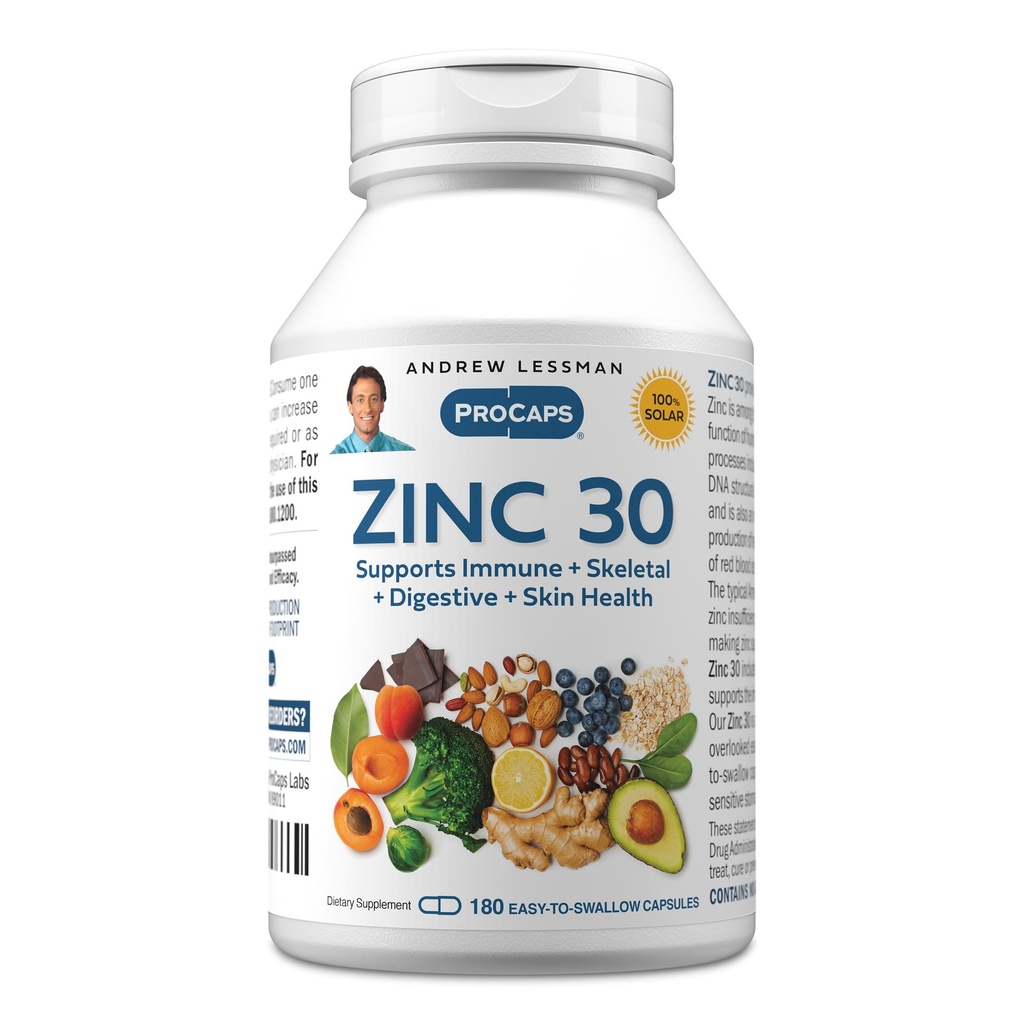 ANDREW LESSMAN Zink 30mg - 180 Capsules - Zeer absorbeerbare zink citraat. Ondersteunt Immune, Skelet, Digestief en huidgezondheid. Klein Makkelijk te slikken capsules. Geen additieven
