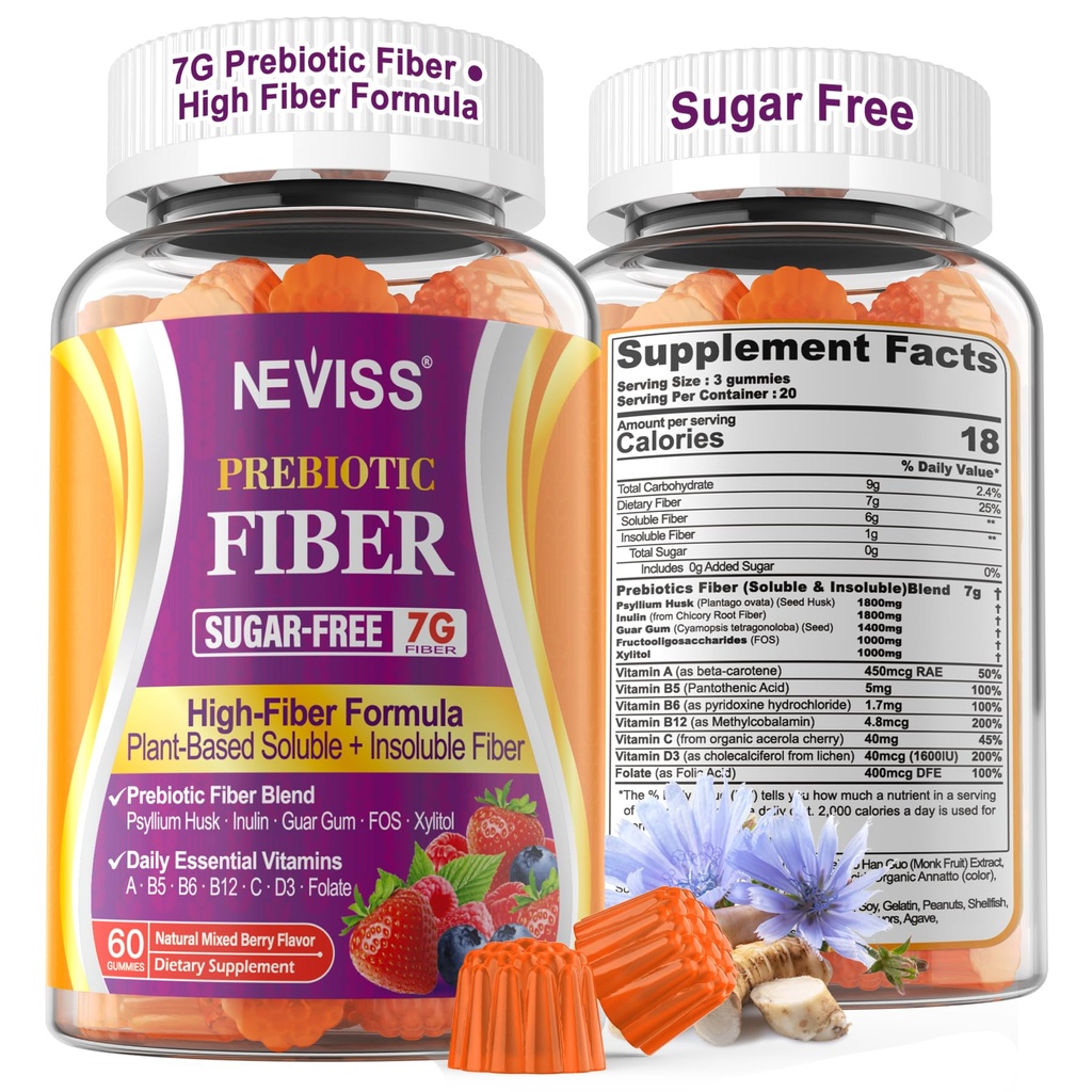 1Pack Fiber Gummy's voor volwassenen met Psyllium Husk, 7G(Oplosbaar + Onoplosbaar) Dagelijkse Prebiotische Vezel met Inulin, FOS, Guar Gum, Multivitamines voor dagelijkse spijsvertering, Regularity Gut Ondersteuning, Sugar Gratis