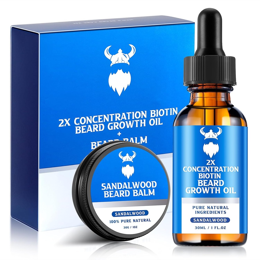 Baardgroei Olie & baard Balsem - Baardgroei Kit met 2X concentratie Biotine voor mannen, natuurlijke ingrediënten met Argan olie, Jojoba olie en vitamine (Sandalwood)