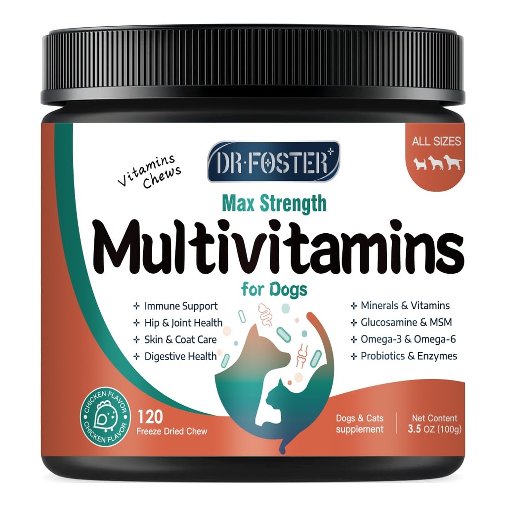 Honden Multivitamine met Glucosamine, Omega 3, Mineralen, Probiotica en Enzymen, Honden Vitaminen en Supplementen voor Gezamenlijke, Huid & Coat Care, Digestieve en Immune Gezondheid, Kip smaak - 120 Kauwen
