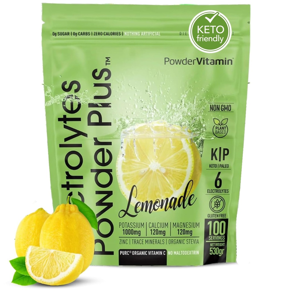 PoederVitamine Elektrolyten Poeder Plus Keto, Limonade (100 porties) 0 Suiker, Geen Maltodextrine,1000mg Kalium,120mg Calcium,120mg Magnesium,Organische Vitamine C,Zero Calorieën, Energie Hydratatie Poeder
