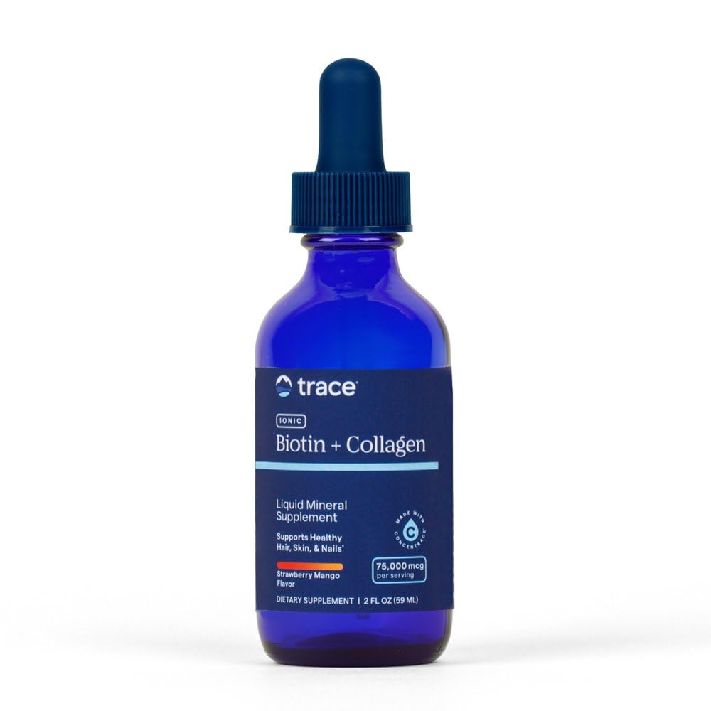 Trace Minerals Ionic Biotin + Collageen - Huidsupplement voor gezond haar en sterke nagels - Liquid Biotin & Collageen - Ondersteunt minerale balans - Aardbei Mango smaak - 2 fl oz (29 Servings)