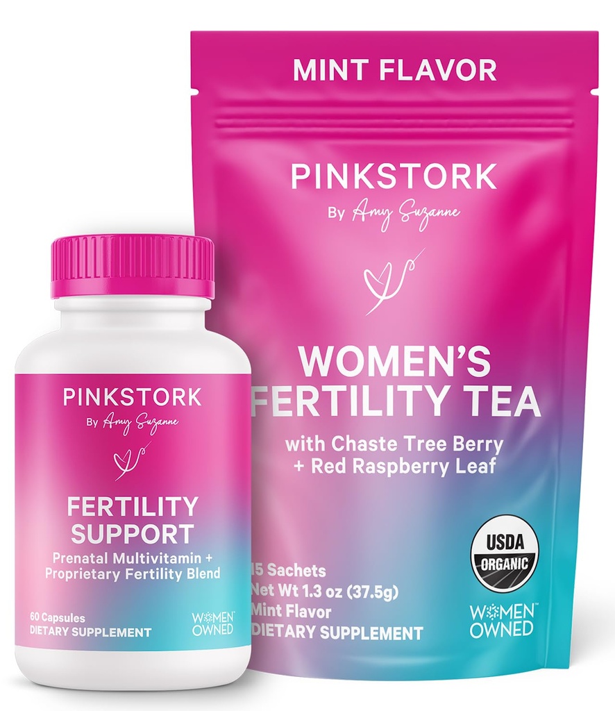 Pink Stork Fertility Bundle pour les femmes – Thé Conception + Soutien Vitamine Prénatale avec Inositol, Vitex, Folate & Ashwagandha – Soutiens Hormone Balance, Cycle Santé et Préconception Bien-être