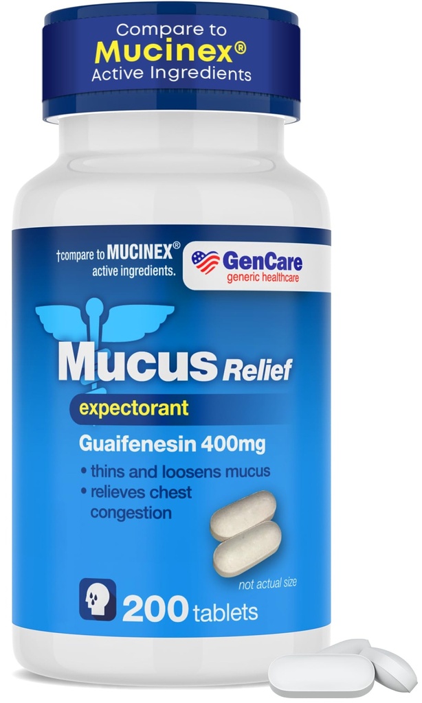 GenCare Mucus Relief Expectorant Guaifenesin 400 mg 200 Tablets Value Pack - Snel waarnemen van slijm voor verkoudheid, borstcongestie, griep, hoesten en allergieën