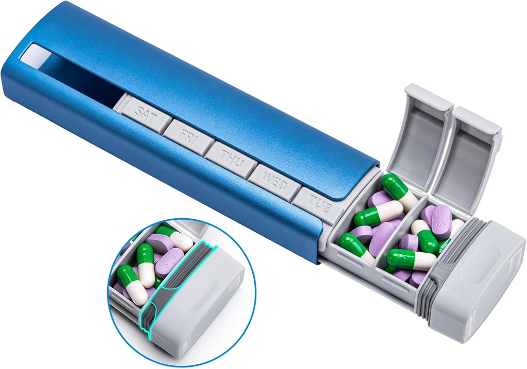 Daviky Metal Travel Pill Organizer, Premium Aluminium Pill Box 7 Dag, Weekly Daily Pill Case, Stylish&Cute Pill Holder voor Geneesmiddelen, Supplementen en Vitaminen (Blue+Gray)