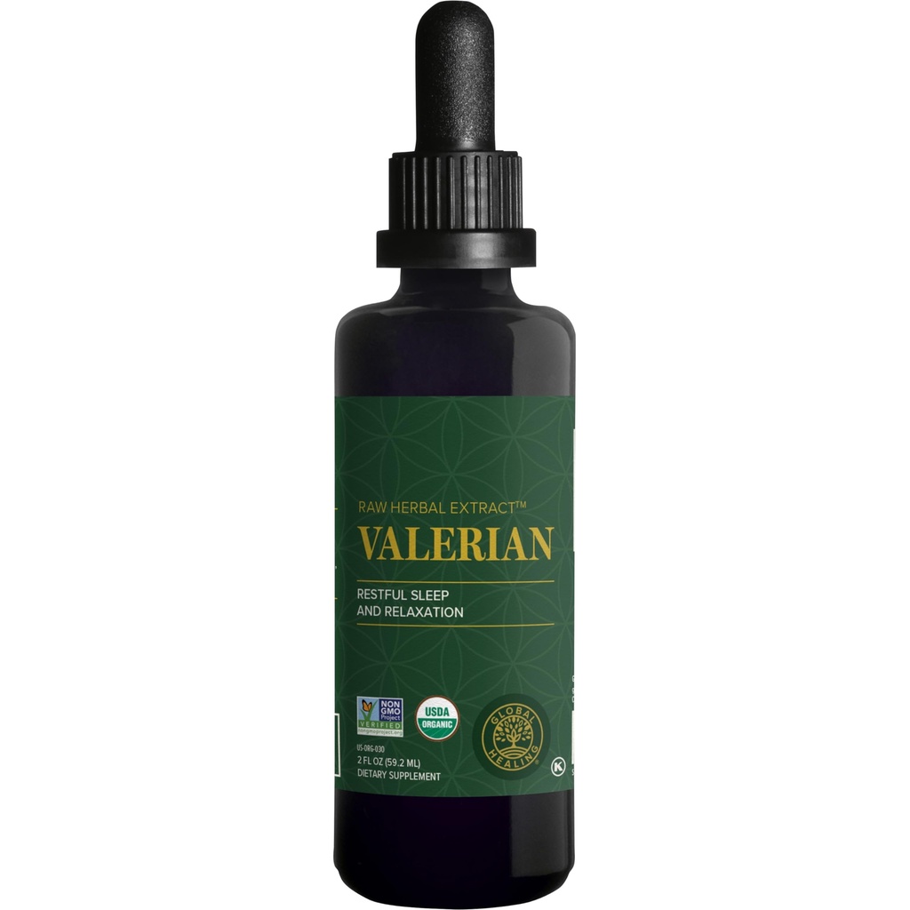 Global Healing Organic Valerian Root Extract Liquid Supplement - Extrait cru à base de plantes pour une détente saine, le sommeil et le calme - Alternative aux capsules de racines valérianes pour la biodisponibilité - 2 Fl Oz