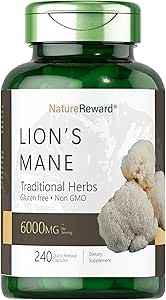 Lion's Mane 6000MG, bevordert geestelijke helderheid, focus en geheugen, paddo supplement, Unflavored, 240 Capsules