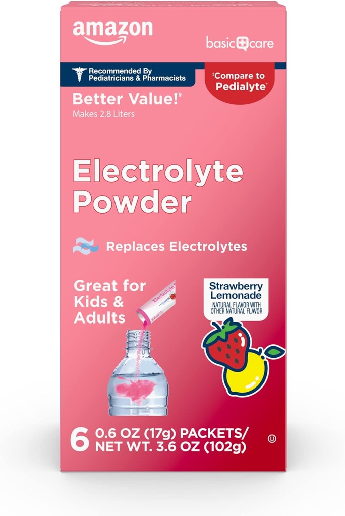 Trousses de poudre d'électrolyte de soins de base, limonade aux fraises, 6 comtes (paquet de 1)