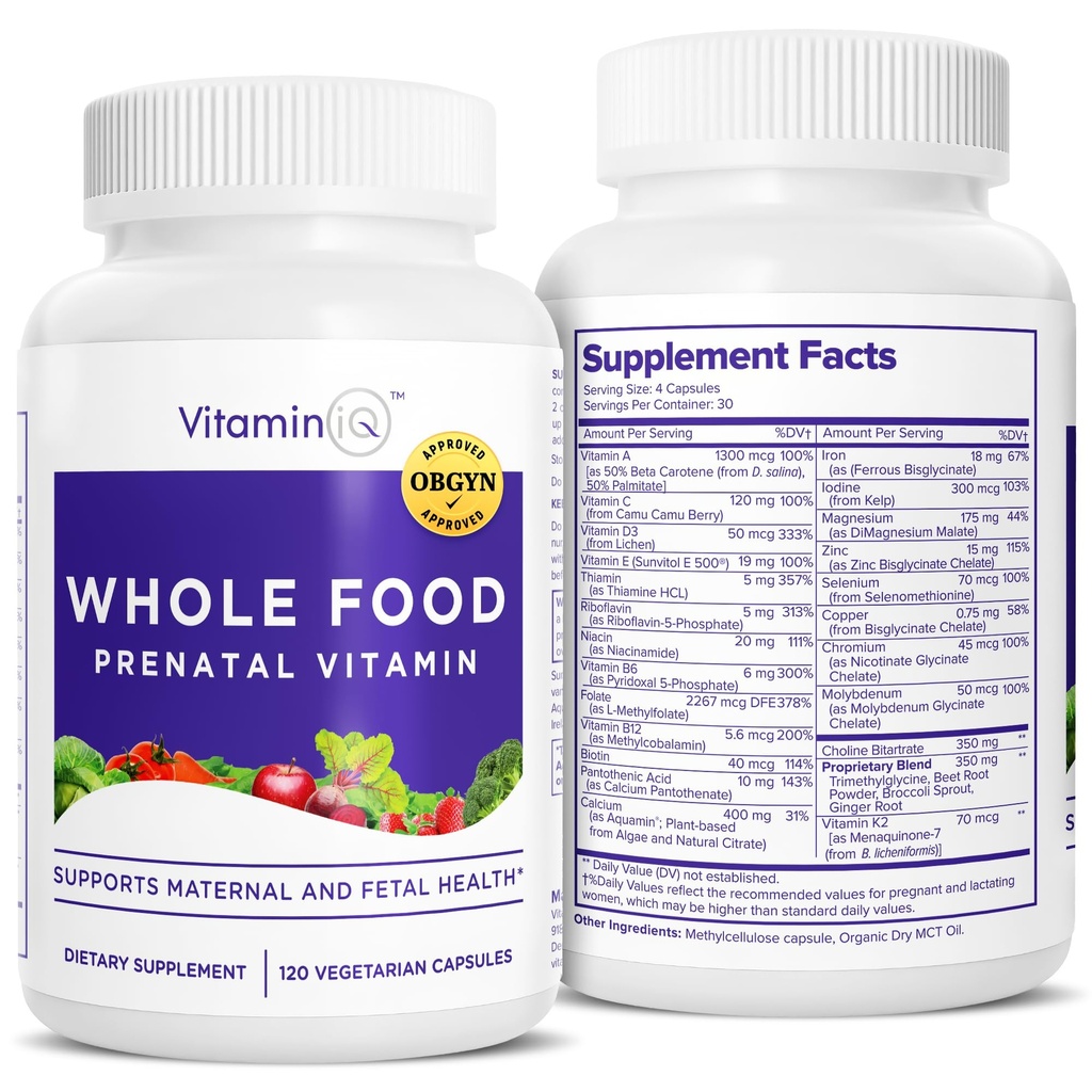 Vitamines prénatales (120 capsules) Soutien naturel à la santé maternelle et foetale, multivitamines prénatales pour les femmes avec Choline, Vitamines B et plus, Vegan, Pas de soja, Gluten ou Lait