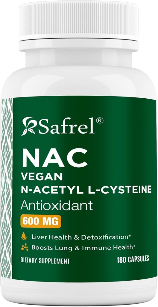 Safrel N-Acetyl-L-Cysteine (NAC) Capsules, 600mg, 180 Tellen, Ademhalingsstelsel, Immuun, Lever Gezondheid Krachtige antioxidant Ondersteuning, Free-radicals, Makkelijk te absorberen, Non-GMO, Glutenvrij