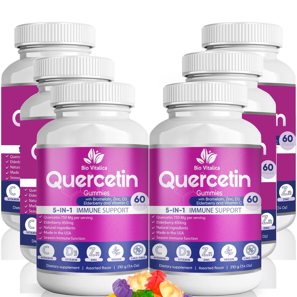 Quercetine Gummies by BioVitalica - Quercetine with Broomeain Vitamin C and Zink & Elderberry + Vitamin D3-5 in 1 Immune Support - Zink Quercetine 750 mg for Kids and Adult (6, Quercetine)