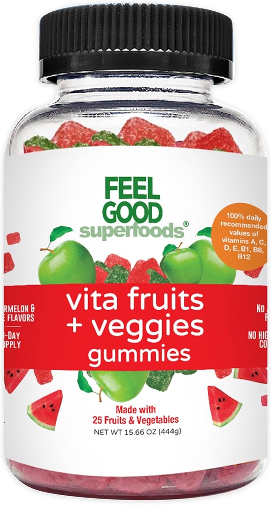 FeelGood Superfoods Vita Fruit en Veggies Supplementen, Multivitamine Fruit en Plantaardige Gummies, 25 Fruit en Groenten, Watermeloen en Apple Smaken, Vegan, Non-GMO, 60 Tellen