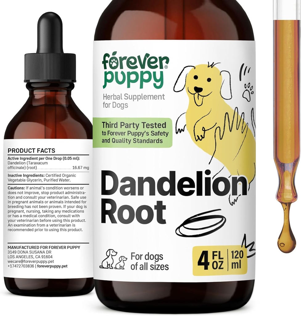 Forever Puppy Dandelion Root Drops voor honden - Liquid Liver Health Supplement voor grote, middelgrote en kleine honden - Lever Reiniging Detox Drops w/Dandelion Root Extract - 4 oz
