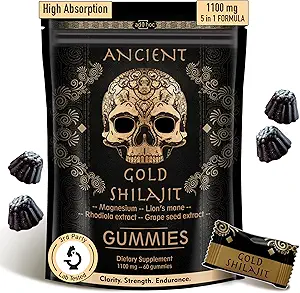 ad hoc 1100mg Gummies Shilajit d'or avec Magnésium, Lions Mane, Rhodiola, Graines de raisin - Himalayan Shilajit pour les hommes femmes, 85+ Trace Minerals & Fulvic Acid, Pure Shilajit pour l'énergie immunitaire support,60 Ct