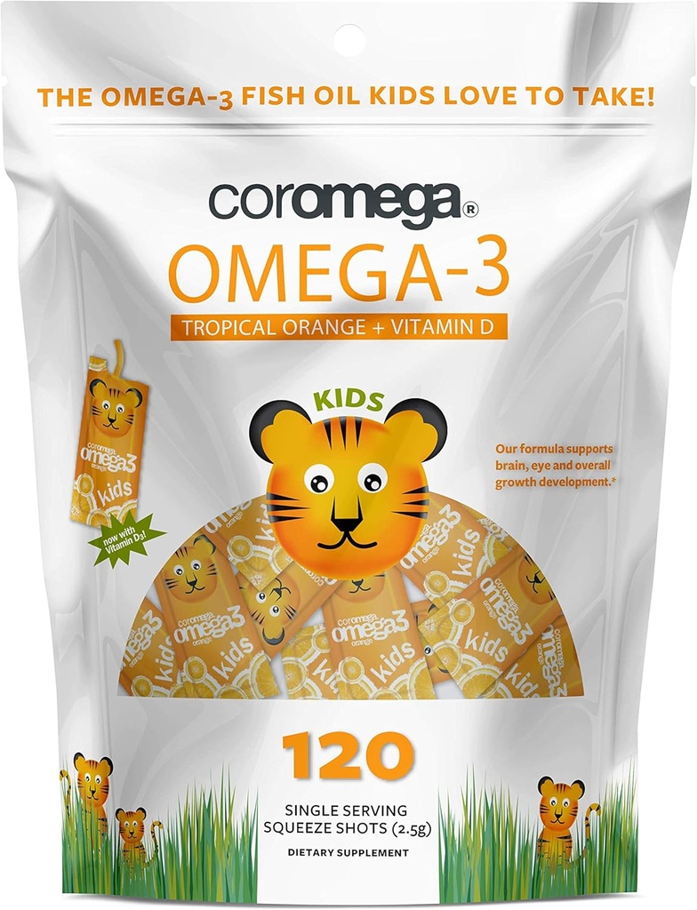 Coromega Kids Omega 3 Fish Oil Supplement, 650mg Omega-3s, Tropical Orange + Vitamin D, 120 Single Serve Squeeze Packets