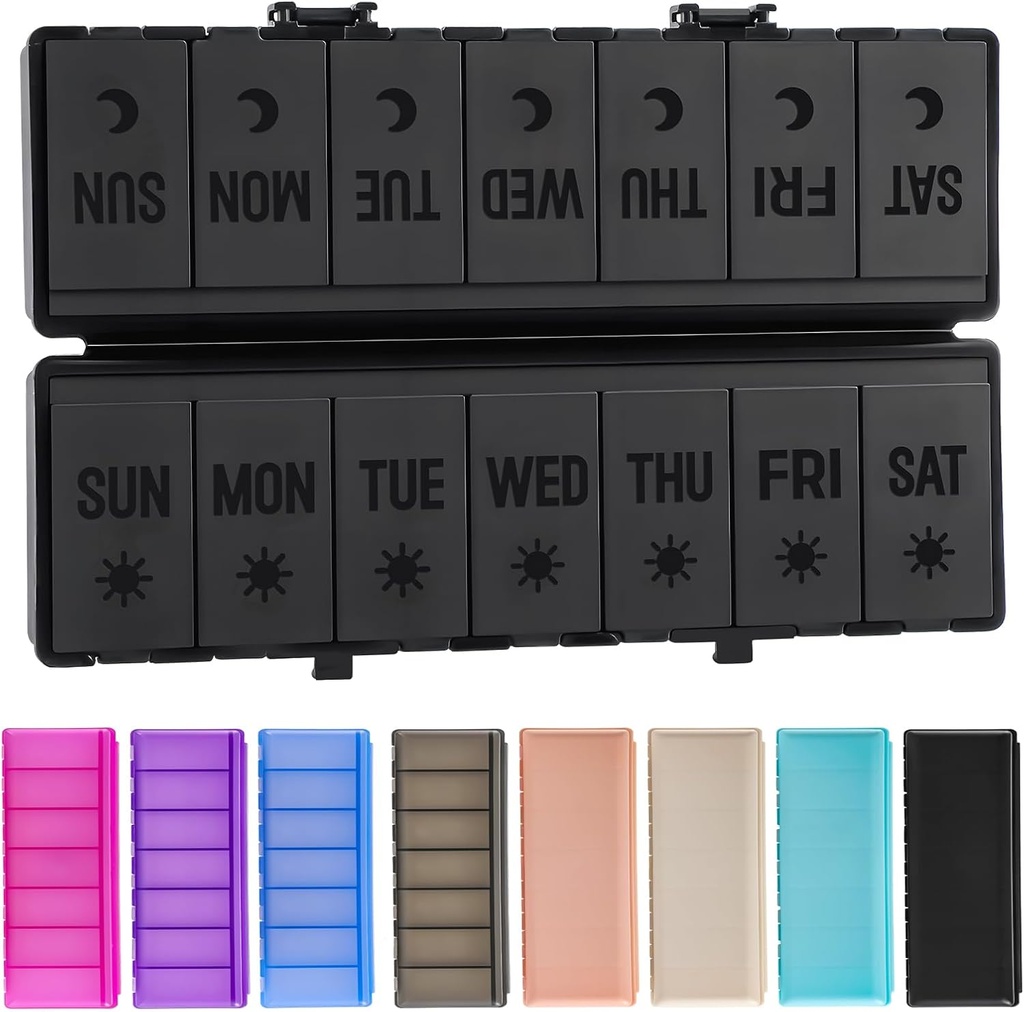 Opvouwbare pil Organizer 2 keer per dag w / Etched labels - dubbele bescherming en draagbare wekelijkse AM PM pil Box, 7 dagen geneeskunde Container, grote reis pil geval voor week dagelijkse supplement vitamine - alle zwart