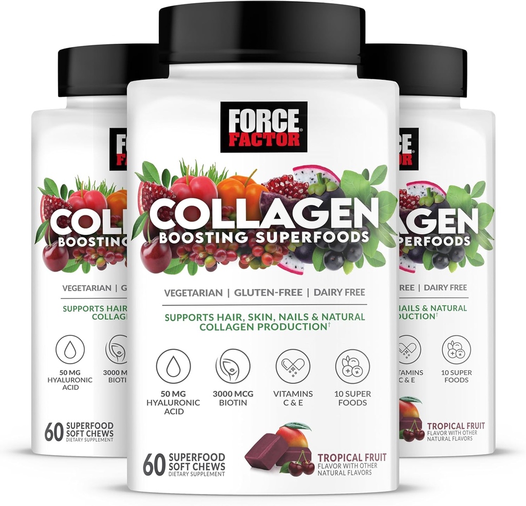 FORCE FACTOR Collageen Boosting Superfoods, Vegan Collageen Booster for Women, With Biotin, Hyaluronic Acid, and Vitamin C, For Hair, Skin, Nails, & Joint Support, Tropical Fruit, 180 Soft Chews, 3-Pack