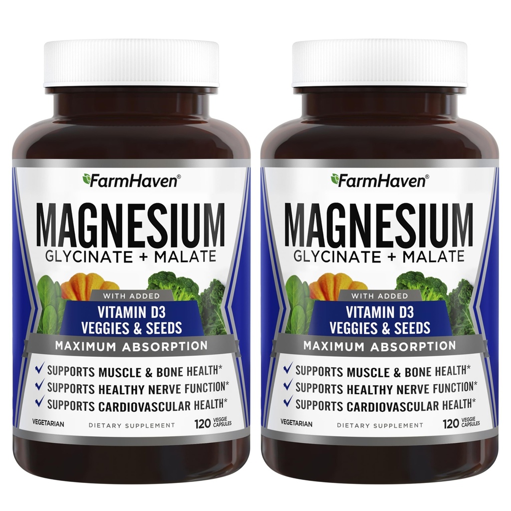 FarmHaven Magnesium Glycinate & Malate Complex w/Vitamine D3, 100% chelated for Max Absorptie-Bone Health, Zenuwen, Spieren, 240 Capsules, 120 Days