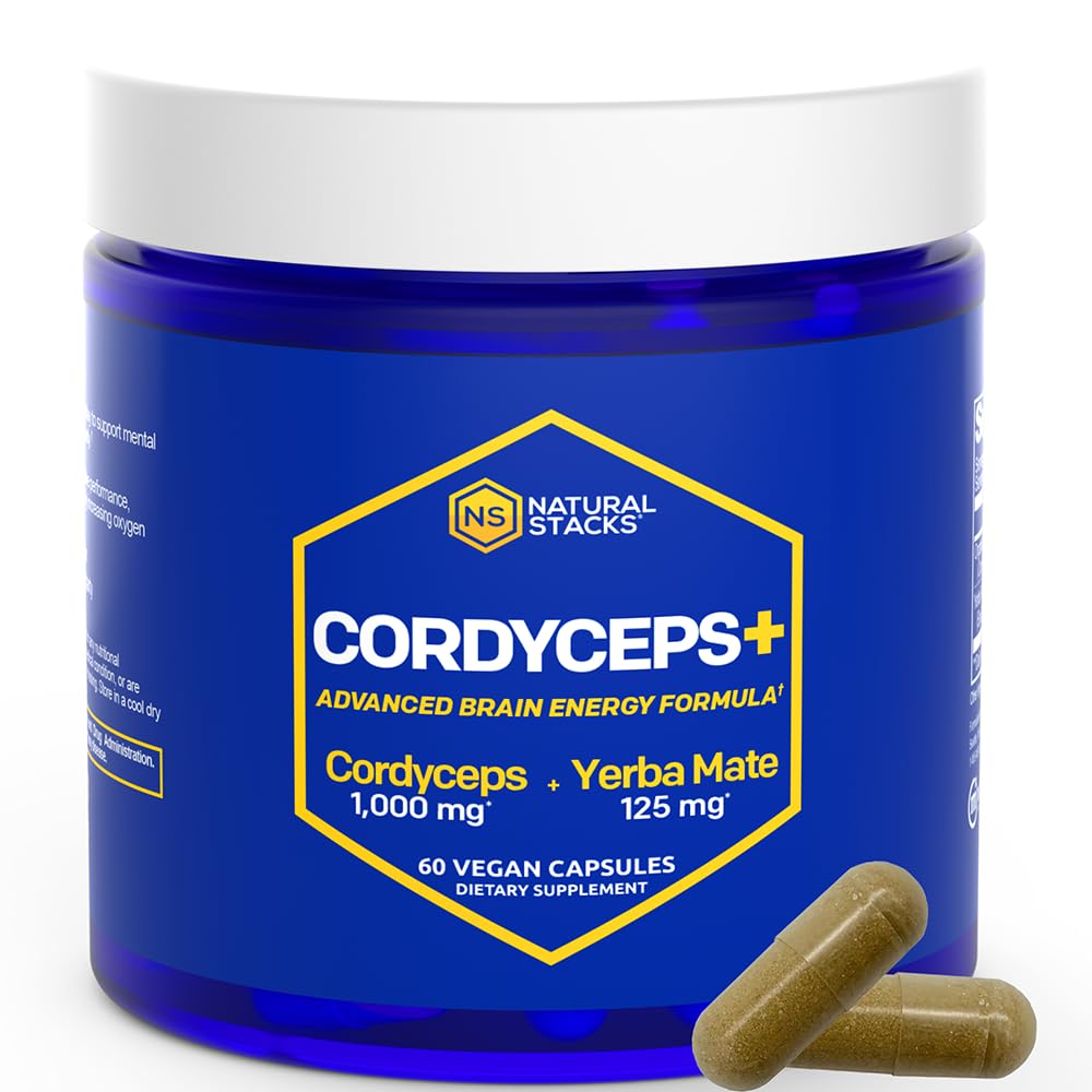 Cordyceps Mushroom Capsules - 1000mg Cordyceps Extract & 125mg Yerba Mate Extract - 100% Fruiting Body Mushroom Supplement - Ondersteunt Brain Energy & Cognitive Performance - 60 Yerba Mate Capsules
