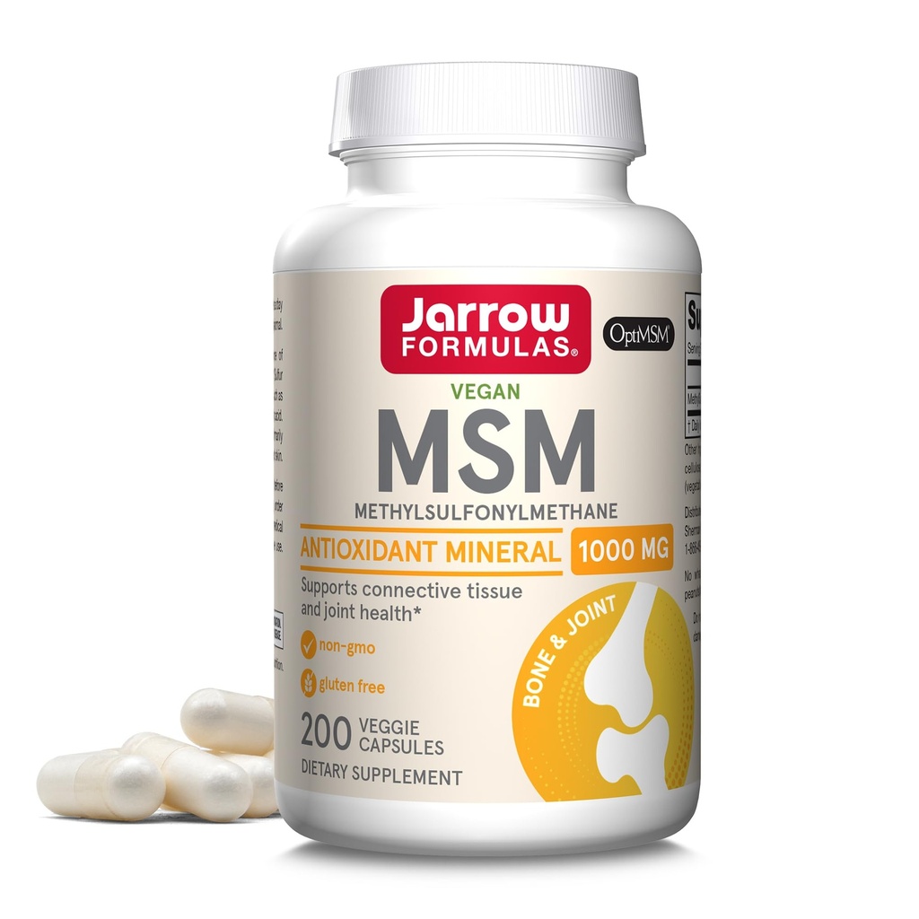 Jarrow Formulas MSM 1000 mg - 200 Veggie Capsules - Methylsulfonylmethaan - Bron van Zwavel - Dieetsupplement Ondersteuning & Versterkt gewrichten - Tot 200 porties