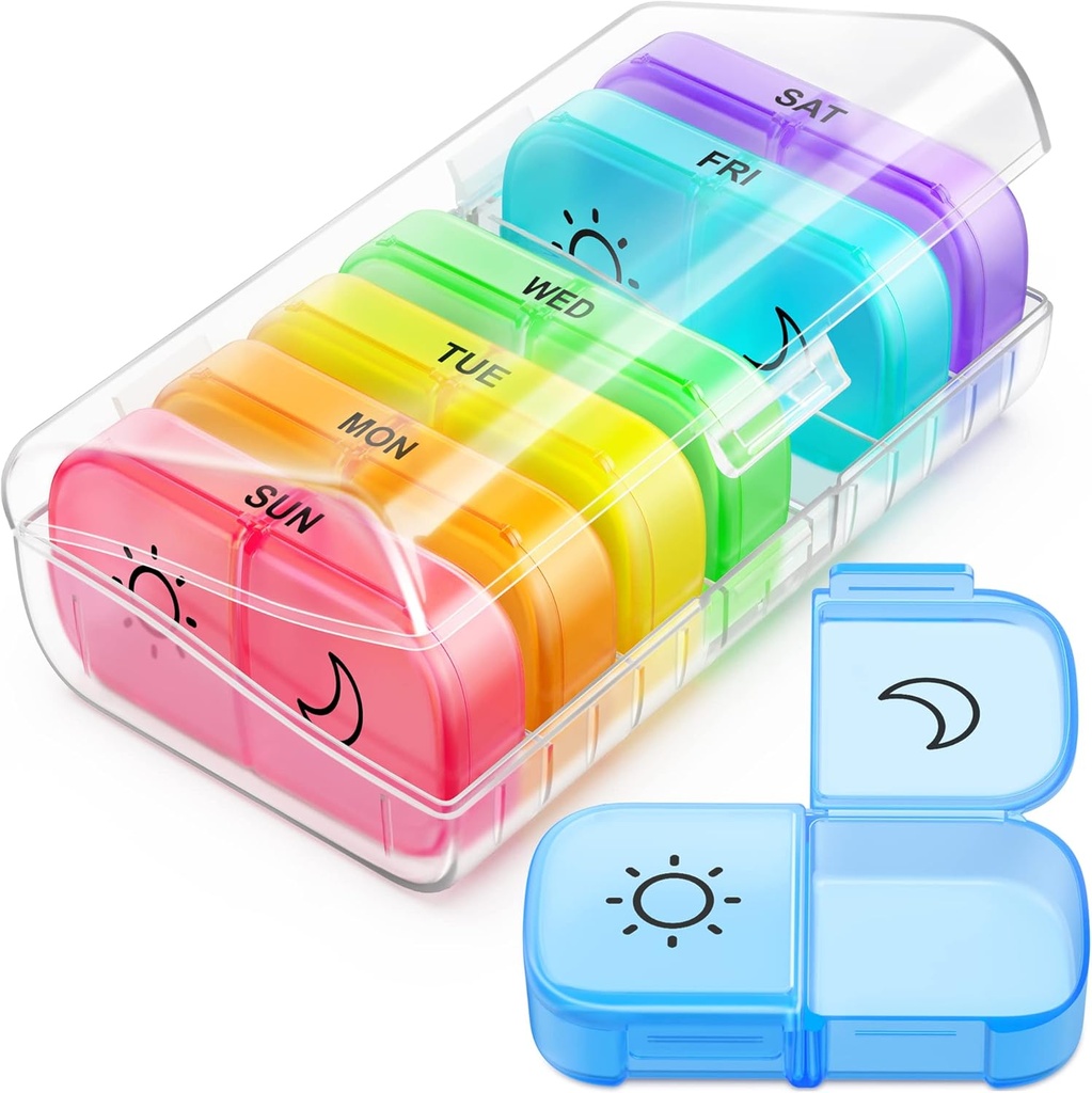 FEATY Weekly pil Organizer 2 keer per dag met dezelfde kant grote opening voor gemakkelijk vullen en ophalen, kleur volgen 7 dag PM pil Box met grote BPA gratis pils geval voor vitamines, visolie (zuiver)