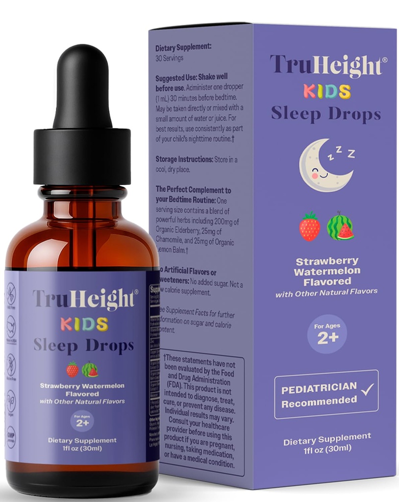 TruHeight Kids Slaap Tinctuur Leeftijden 2+ (Watermeloen smaak) - Baby's, peuters & kinderen Natuurlijke slaaphulp - Baby, peuter, kind Melatonine 2 jaar oud + - Vitamine B6, Riboflavine, zink, koper, citroenbalsem