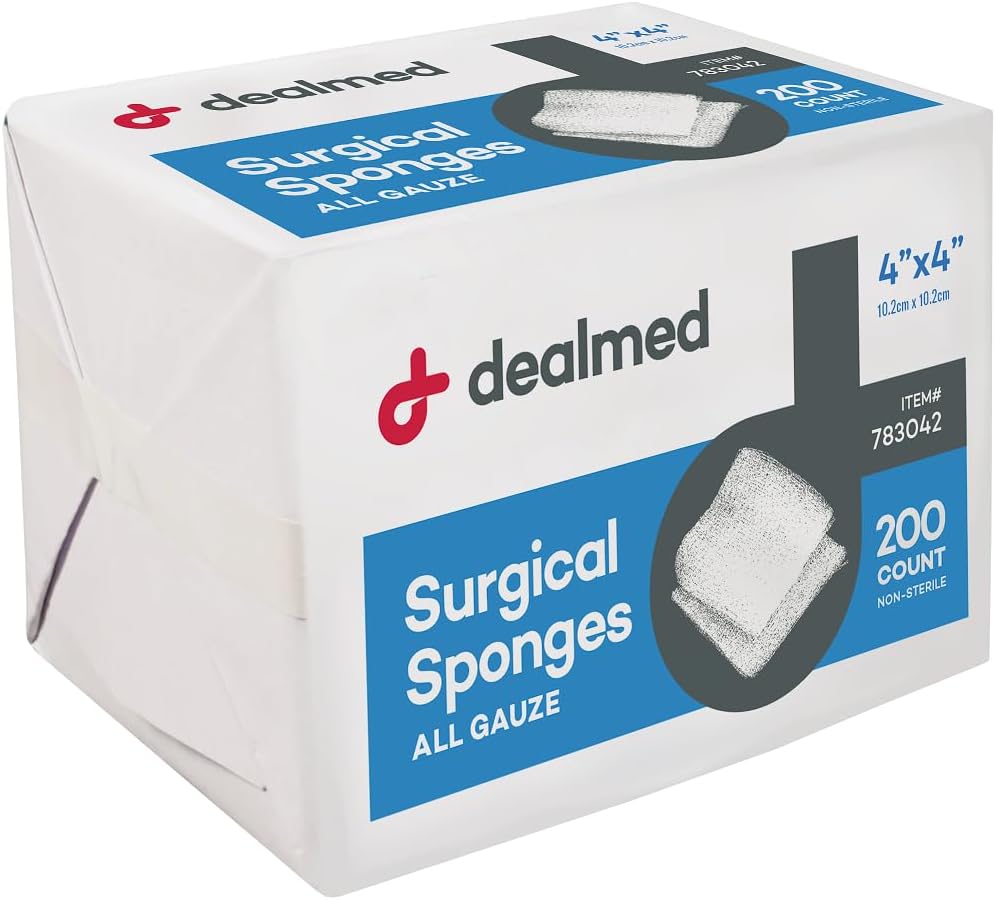 Éponges chirurgicales de 4 po x 4 po, 8 ply, éponges non tissées absorbantes pour soins aux blessés, trousses de premiers soins et installations médicales, 200 comtes (paquet de 1)