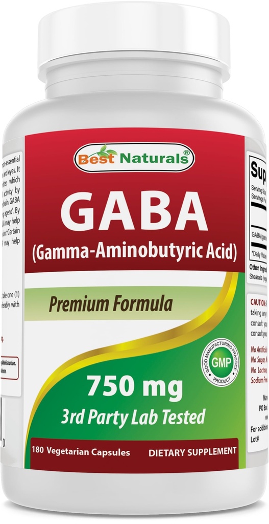 Best Naturals GABA Supplement 750mg 180 Veggie Capsules, Naturals Slaaphulp
