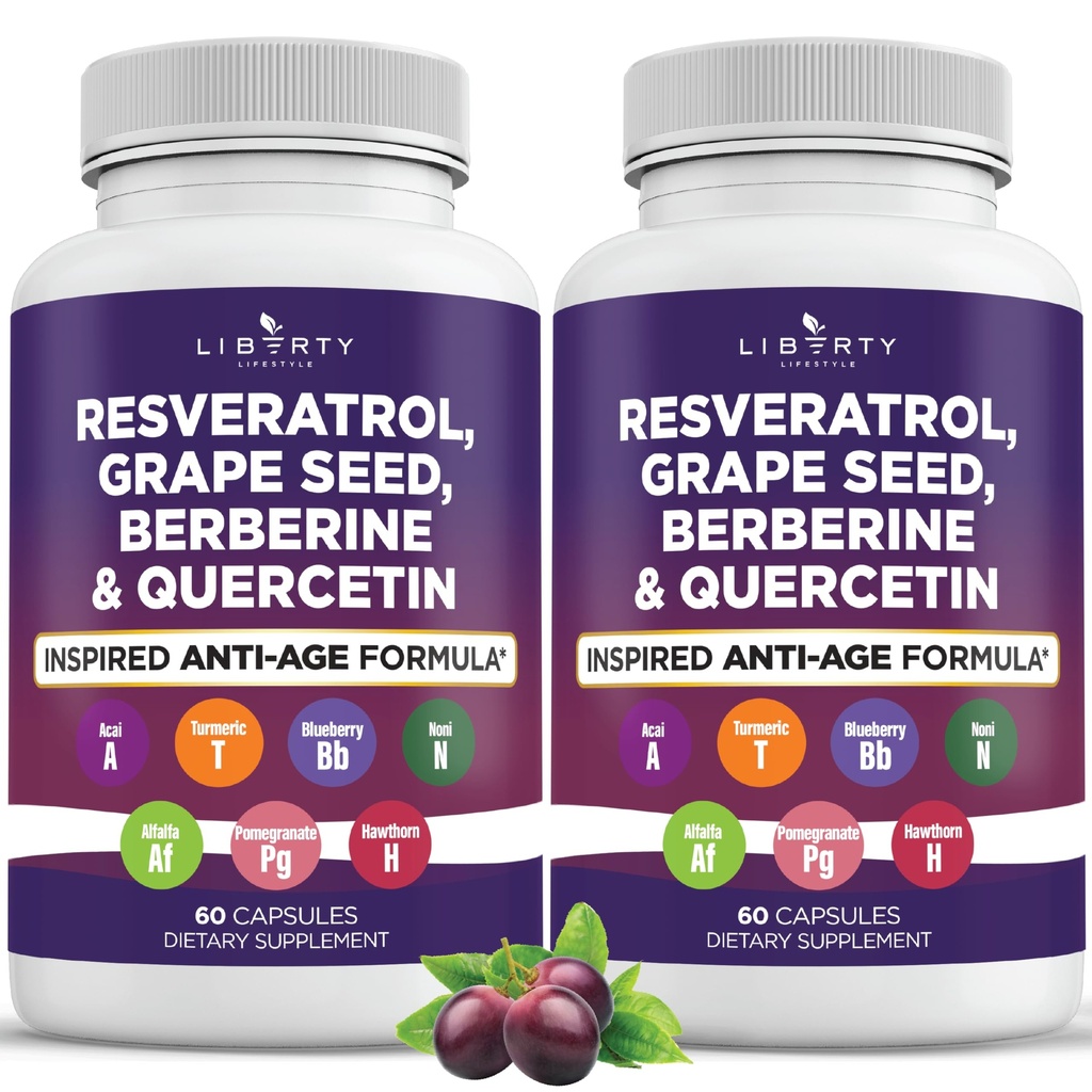 Resveratrol, Berberine, Grape Seed Extract, Quercetine, Polyfenol Supplement voor vrouwen en mannen met Noni Extract, N-Acetyl Cysteine, Acai Extract - 2-pack