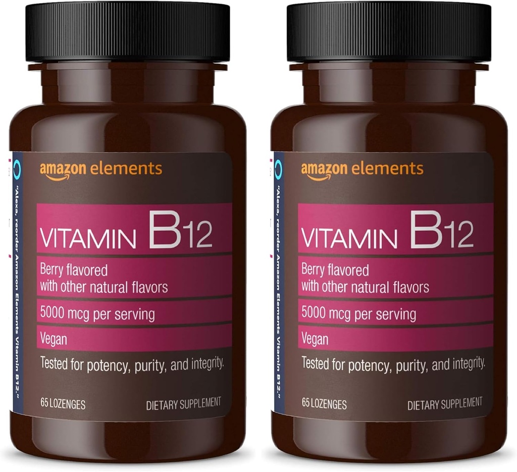   Elements Vitamin B12 Methylcobalamin 5000 mcg - Normal Energy Production and Metabolism, Immune System Support - 2 Month Supply, Berry Flavored Lozenges, 65 Count (Pack of 2)